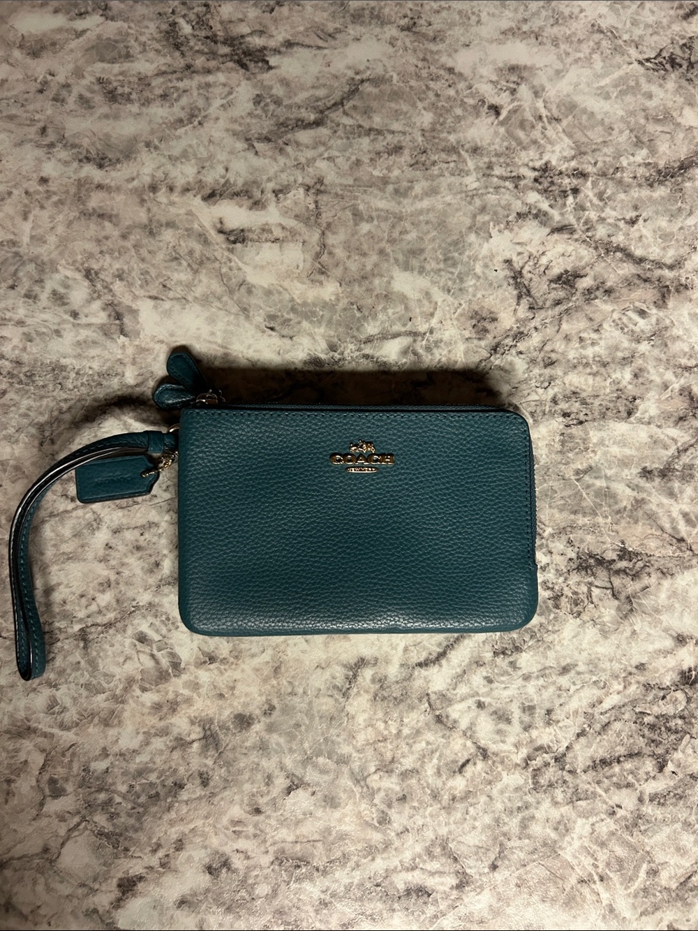 Coach Teal Pebbled Leather Wristlet with Gold Logo